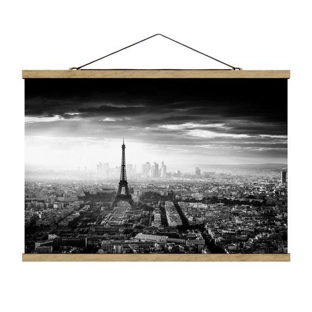 Tableau ville La Tour Eiffel vue du ciel en noir et blanc