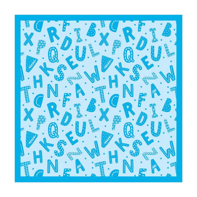 tapis salon bleu Alphabet avec cœurs et points en bleu avec cadre