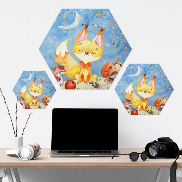 Tableau hexagonal Aquarelle renard en automne