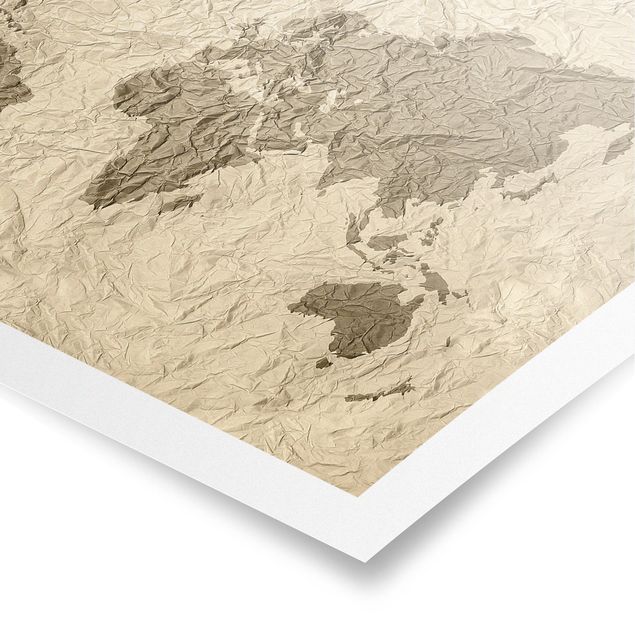 Tableau marron moderne Carte du Monde en Papier Beige Marron