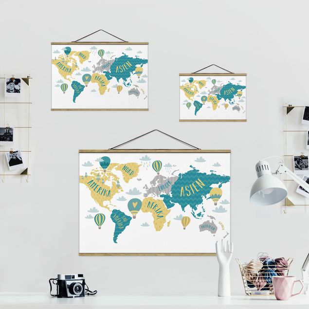 Tableau en tissu Carte du Monde avec Montgolfière