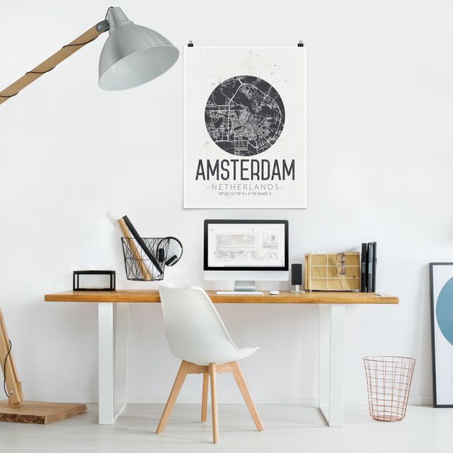 Posters en noir et blanc Plan de ville d'Amsterdam - Rétro