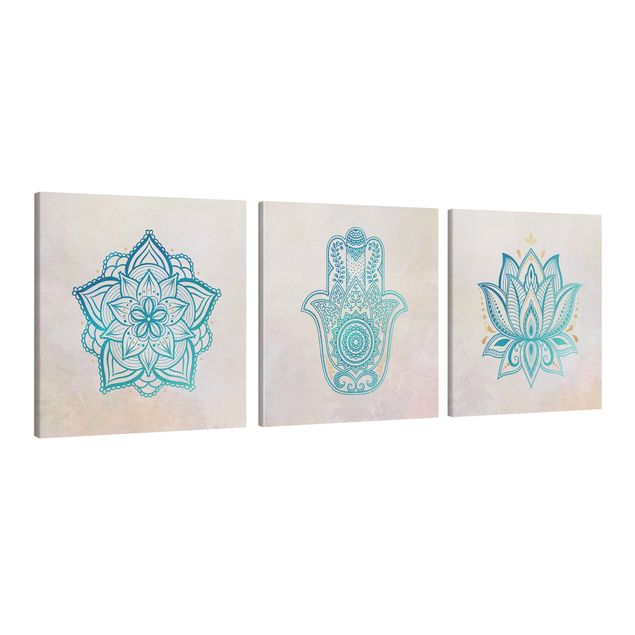 Tableaux zen Mandala La main de Fatma Lotus Illustration Or Bleu