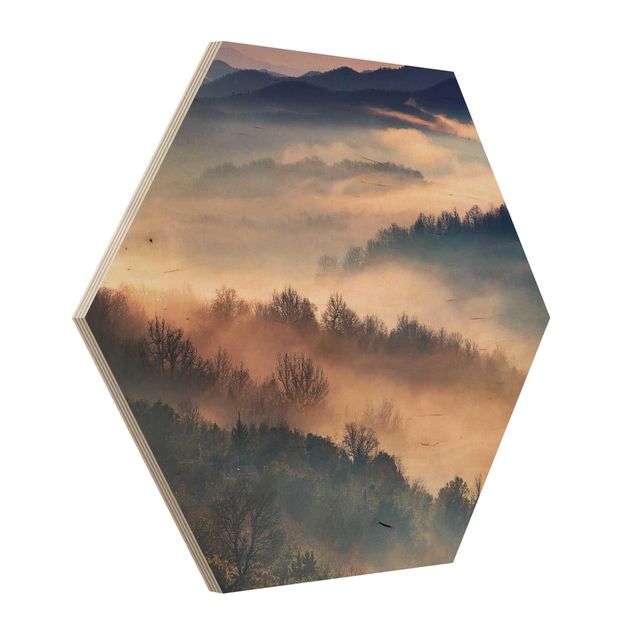 Impression sur bois Brouillard au coucher du soleil