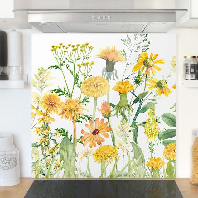Déco mur cuisine Aquarelle - Prairie de fleurs en Gelb