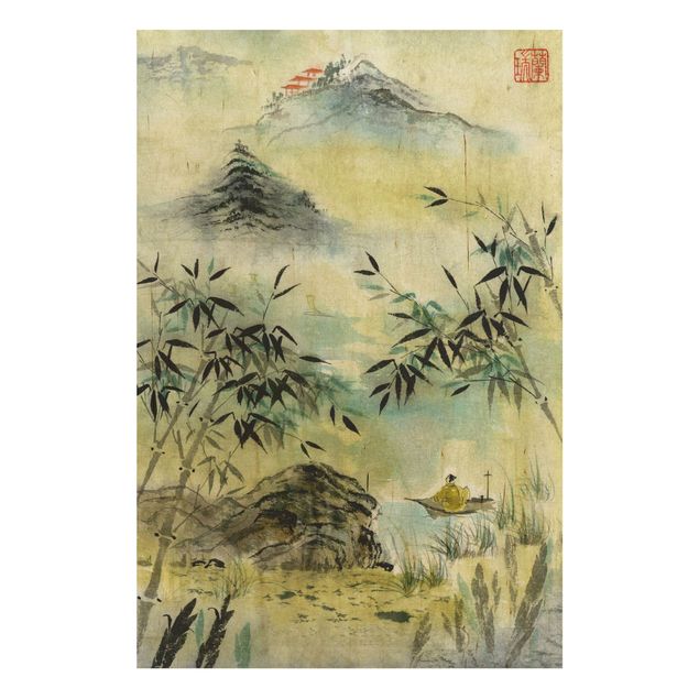 Tableaux en bois avec paysage Dessin Aquarelle Japonaise Forêt de Bambous