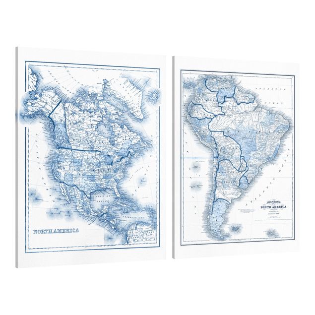 Toile mappemonde Cartes dans les tons bleus de l'Amérique Lot I