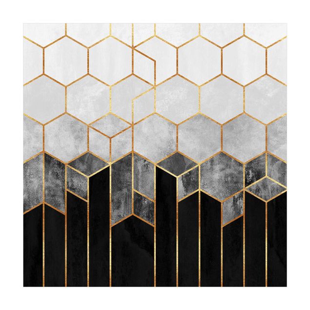tapis motif abstrait Hexagones d'or noir et blanc