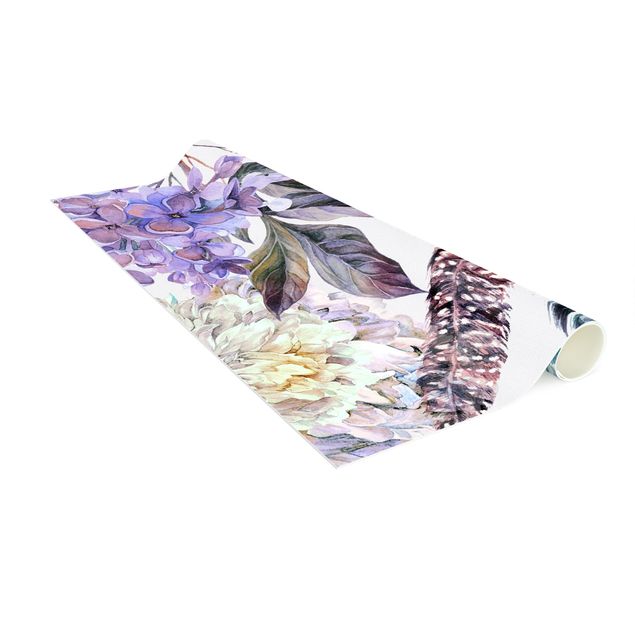 tapis salon moderne Motif floral délicat de plumes à l'aquarelle boho