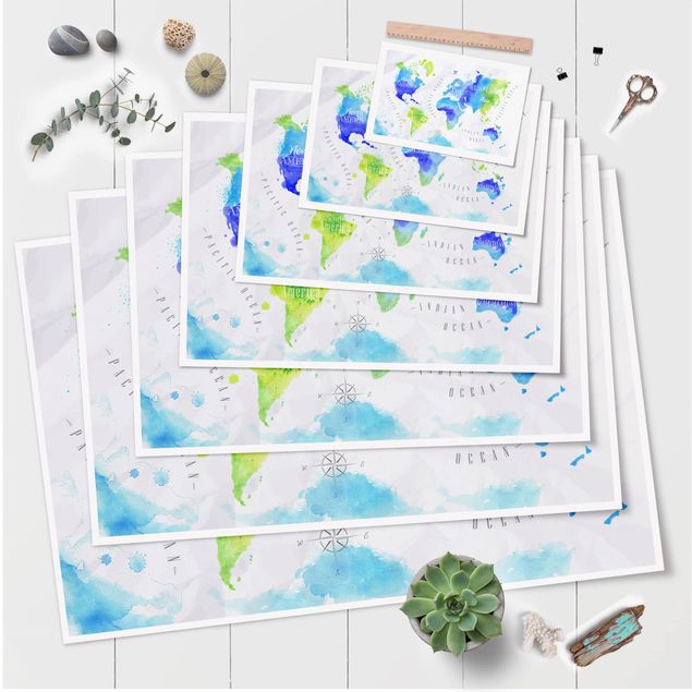 Posters muraux Carte du Monde Aquarelle Bleu Vert