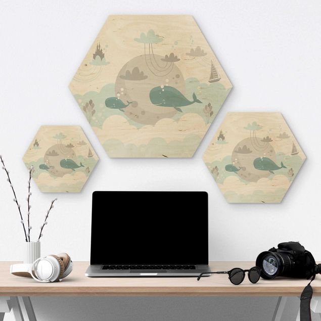 Hexagone en bois - Clouds With Whale And Castle