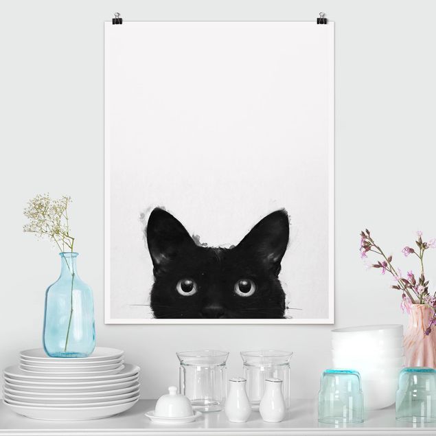 Tableau chat Illustration Chat Noir sur Peinture Blanche