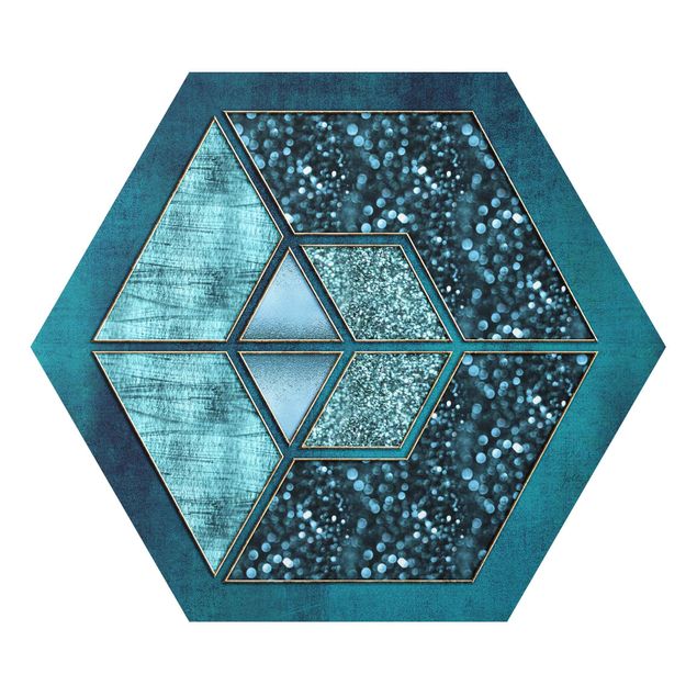 Tableau ton bleu Hexagone Bleu avec Contour Doré