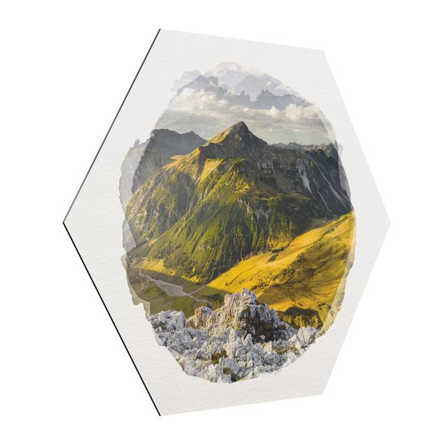 Tableaux moderne Aquarelles - Montagnes et vallée des Alpes de Lechtal au Tyrol