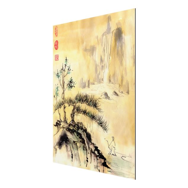 Tableaux arbres Dessin aquarelle japonais Cèdres et montagnes