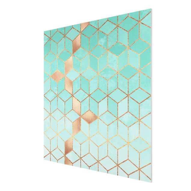 Tableau abstrait Turquoise Blanc Géométrie Doré