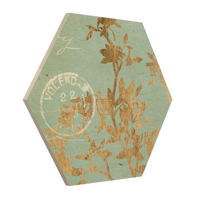 Tableau vintage bois Feuilles d'or sur Turquoise II