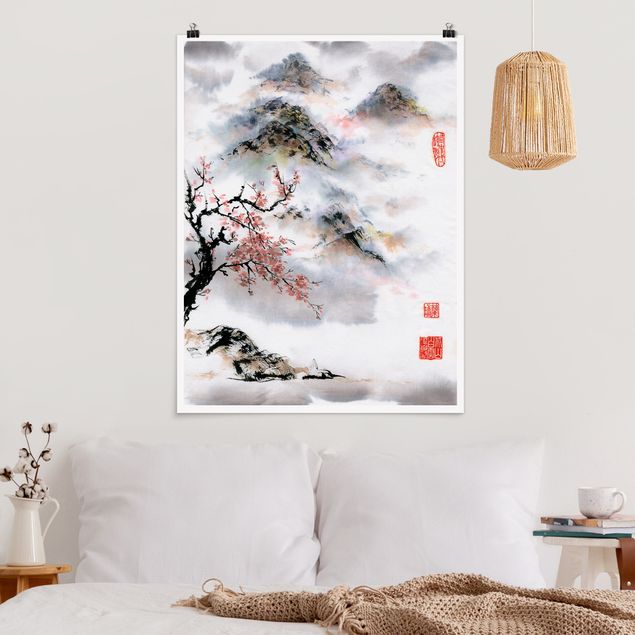 Décorations cuisine Dessin aquarelle japonais Cerisier et montagnes
