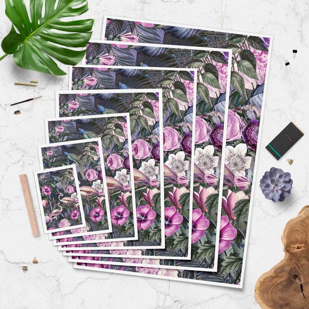 Posters Collage coloré - Flamants roses dans la jungle