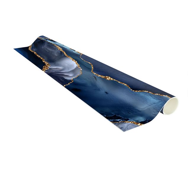 tapis longs Vagues à paillettes dorées sur fond bleu