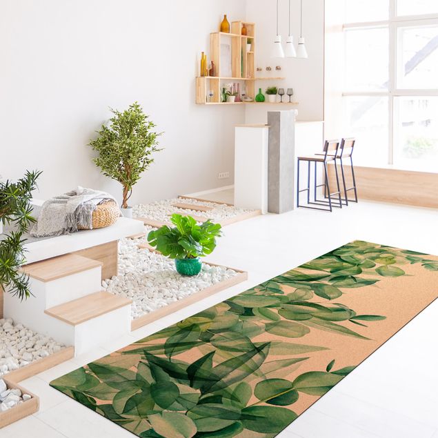 tapis salon moderne Feuilles d'eucalytus à l' aquarelle