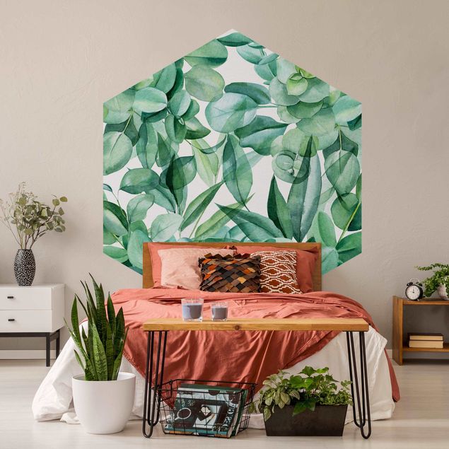 Papier peint panoramique hexagonal Feuilles d'eucalytus à l' aquarelle