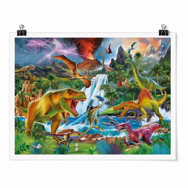 Poster animaux Dinosaures dans une tempête préhistorique