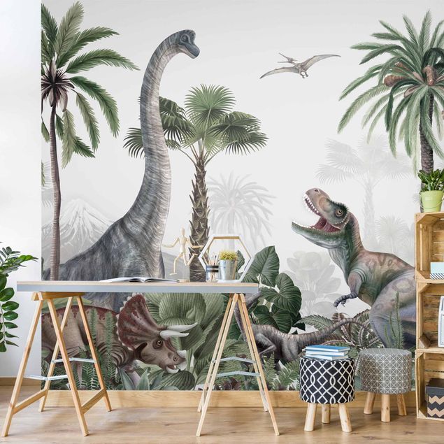 Papier peint fleurs Dinosaures géants dans la jungle