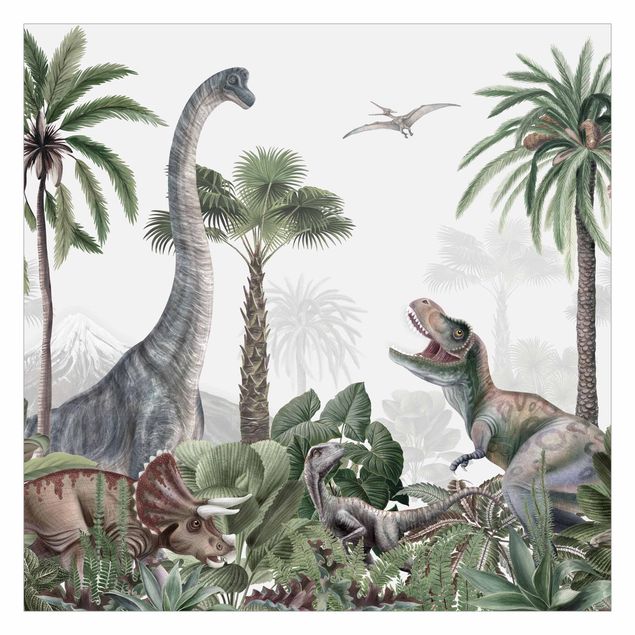 Papier peint vert Dinosaures géants dans la jungle