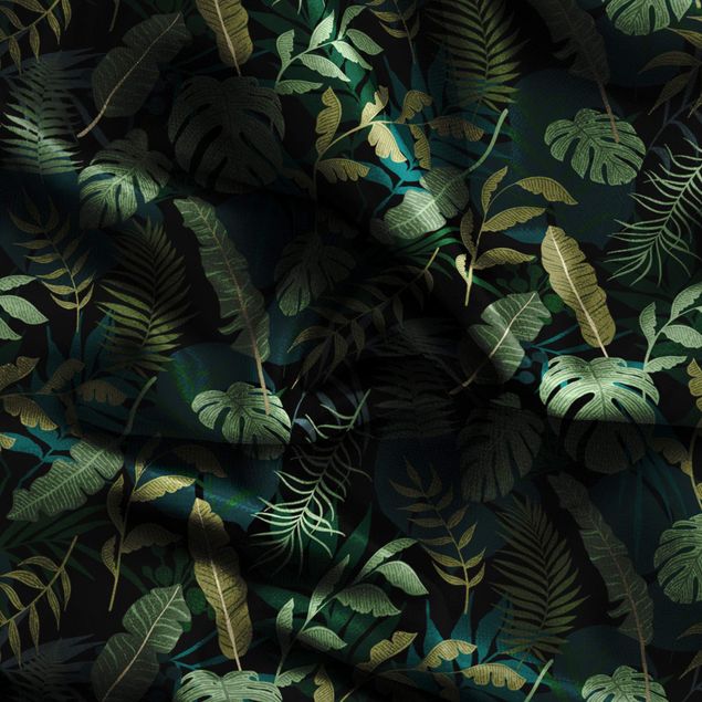 rideau fleurie Jungle Leaves On Black