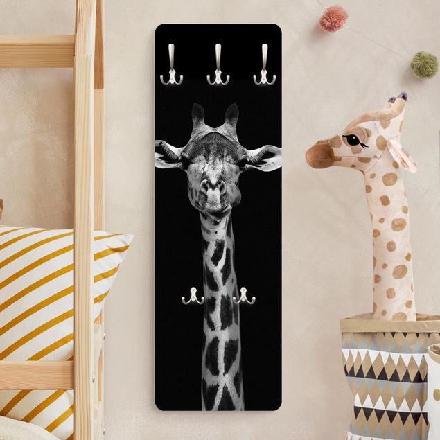 Porte-manteaux muraux noir et blanc Portrait de girafe sombre