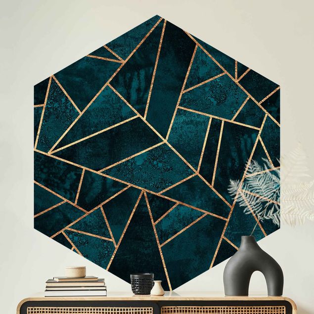 Papier peint géométrique Turquoise foncé avec or