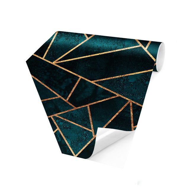 Papiers peintspanoramique hexagonal Turquoise foncé avec or