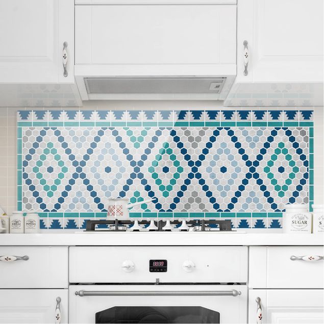 Déco murale cuisine Motif de carreaux marocains bleu turquoise