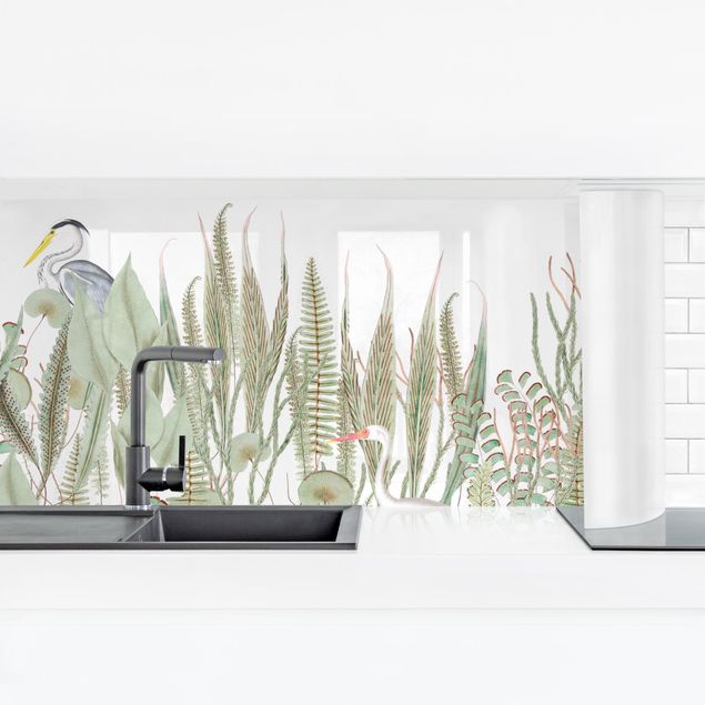 Revêtement mural cuisine Flamant et Cigogne avec des plantes