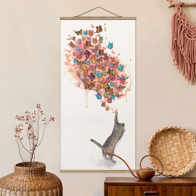 Déco mur cuisine Illustration Chat avec Papillons Colorés Peinture