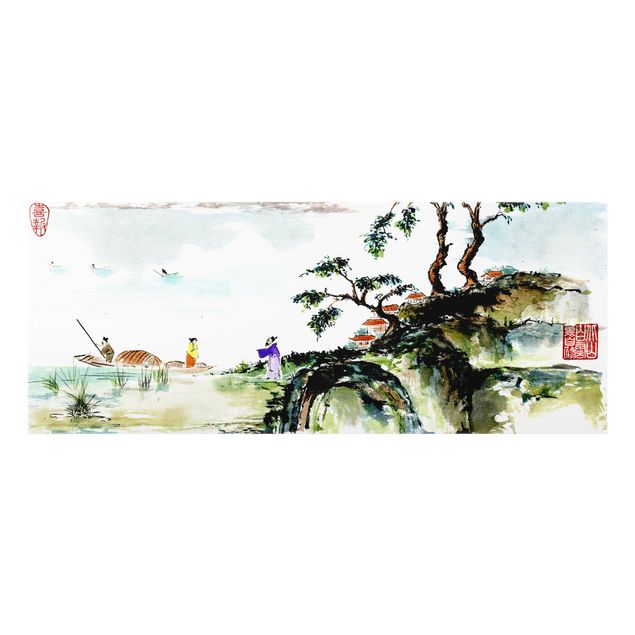 Fond de hotte - Japanese Watercolor Drawing Lake And Mountains