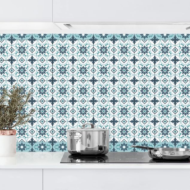 Déco mur cuisine Mélange de carreaux géométriques floral Turquoise