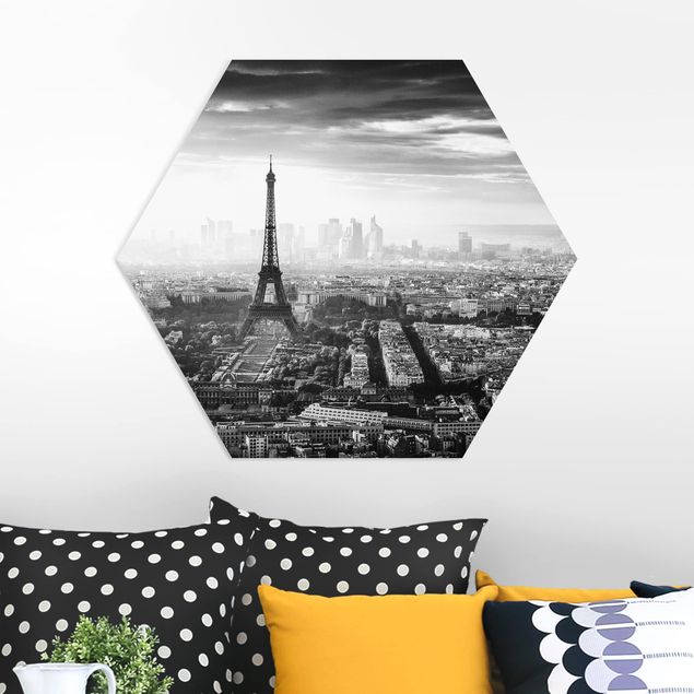 Déco mur cuisine La Tour Eiffel vue du ciel en noir et blanc