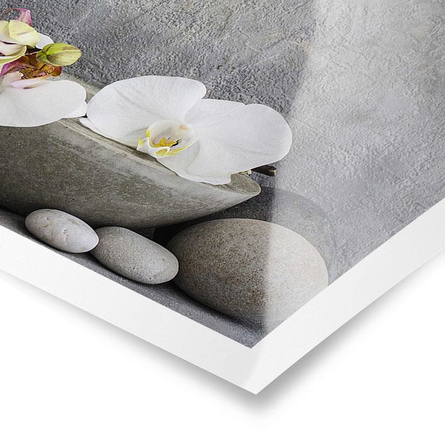 Tableau gris Bouddha zen avec orchidées blanches