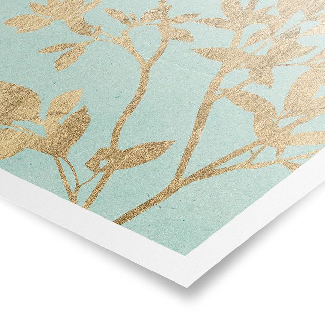 Tableaux turquoise Feuilles d'or sur Turquoise II