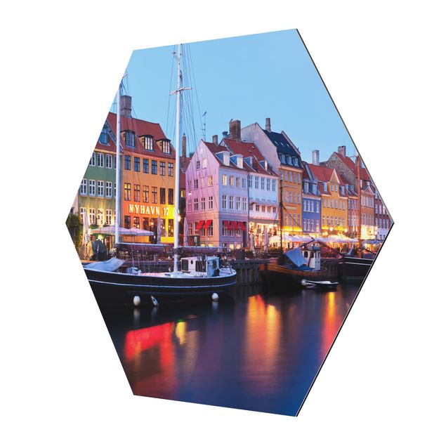 Tableau hexagon Le port de Copenhague en soirée