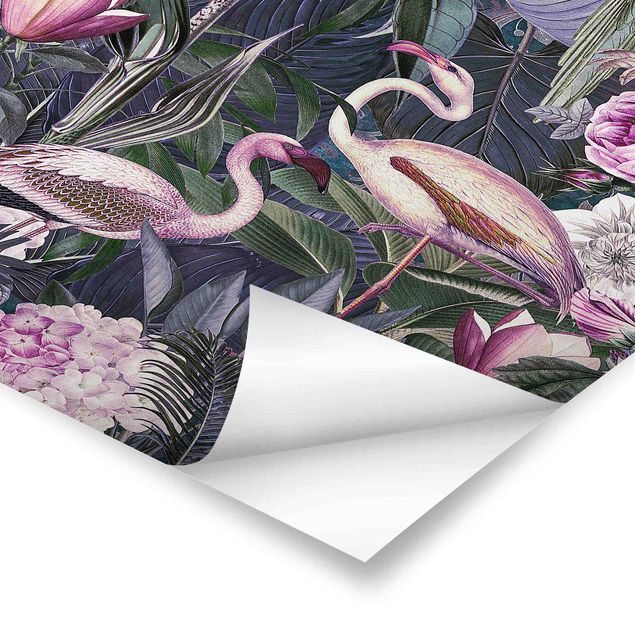 Tableaux Collage coloré - Flamants roses dans la jungle