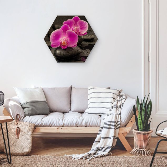 Tableaux en bois avec fleurs Fleur Orchidée Rose sur Pierres avec Gouttes