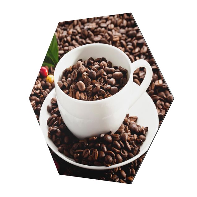 Tableau hexagon Tasse à café avec grains de café torréfiés