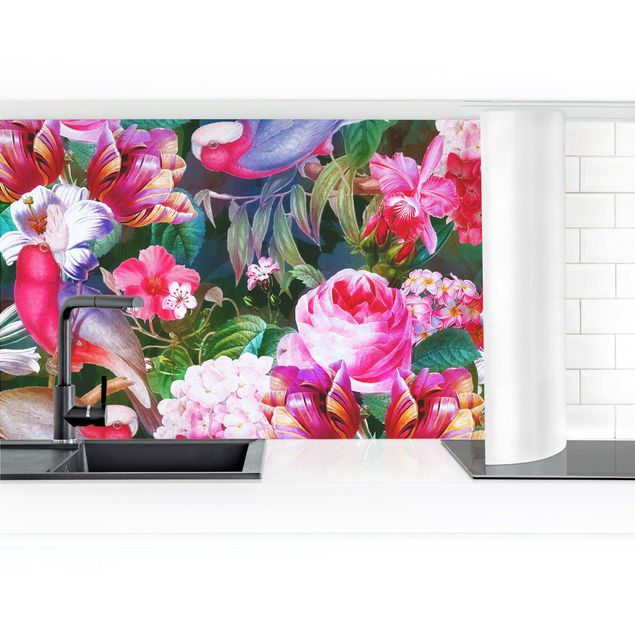 Tableaux de Uta Naumann Colourful Tropical Flowers With Birds Pink
