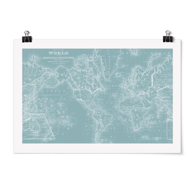 Posters mappemonde Carte du monde en bleu glacier