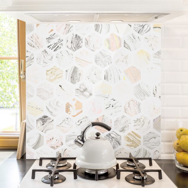 Déco murale cuisine Hexagones de marbre en beige