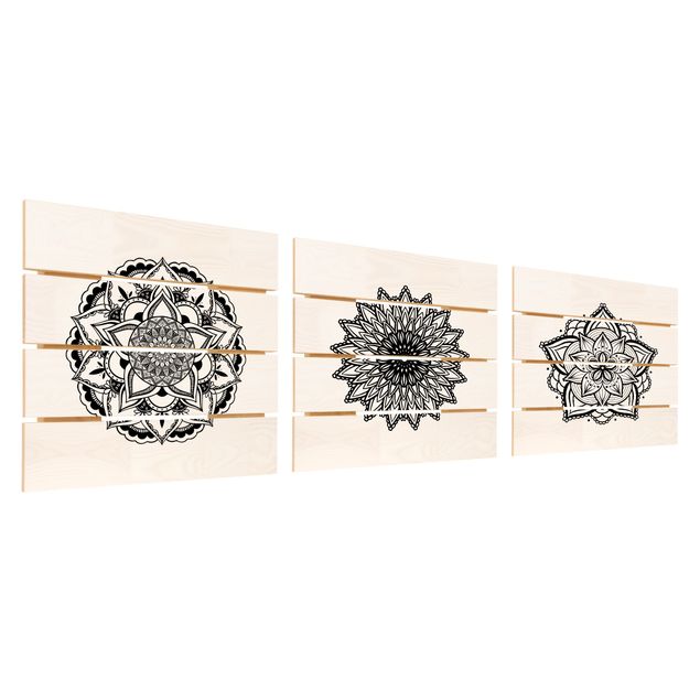 Impression sur bois - Mandala Flower Sun Illustration Set Black And White