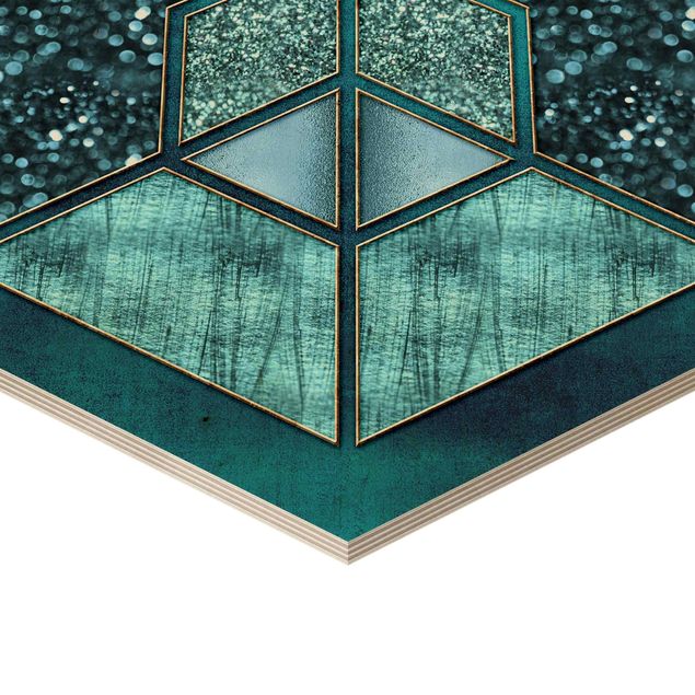 Tableaux bois Hexagone Bleu avec Contour Doré